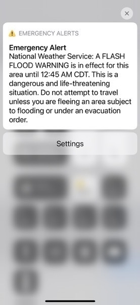 Flash flood iPhone warning in Columbia Missouri