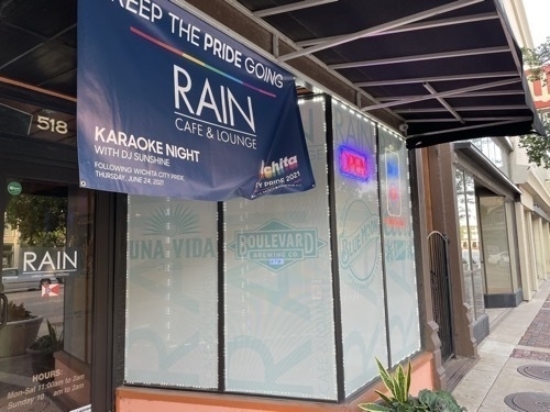 Sign advertising post-Pride activities at Rain Café and Lounge in downtown Witchita Kansas.